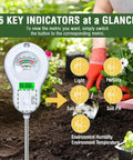 Six In One Soil Tester with light, moisture, pH, temperature, humidity, and nutrient readings shown in a garden setting.