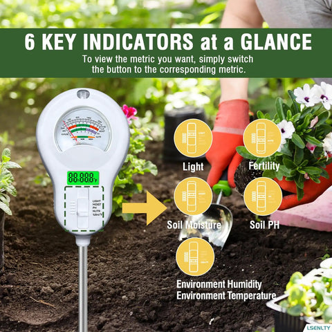 Six In One Soil Tester with light, moisture, pH, temperature, humidity, and nutrient readings shown in a garden setting.