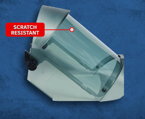 Side view of Arc Flash Face Shield Kit with 12 cal rating for electrical PPE, scratch-resistant lens labeled, on blue background.
