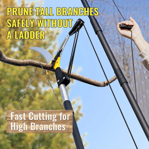 14.5Ft Pole Saw And Pruner 2-In-1 Extendable Long Handle Tree Trimmer cutting high branch with saw blade attachment visible