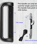 Black Patio Door Handle Set With Mortise Lock For Replacement Sliding Glass Doors, 3.94 Inch Hole Spacing, Single-Point Lock