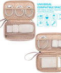 Travel Cord Organizer Case With Dual Layer Design For Chargers Cables Phone USB Drives And Small Gadgets Medium Pink Tech Organizer Bag With Elastic Straps And Zipper Mesh Pockets For Easy On The Go Storage showing open compartments.