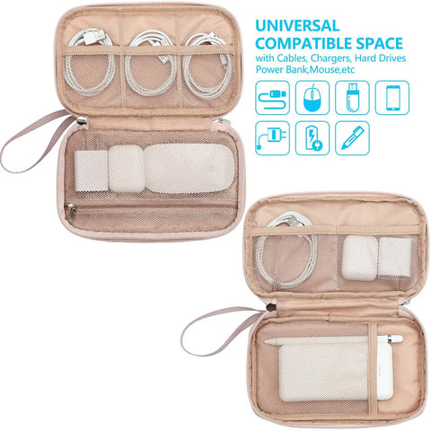 Travel Cord Organizer Case With Dual Layer Design For Chargers Cables Phone USB Drives And Small Gadgets Medium Pink Tech Organizer Bag With Elastic Straps And Zipper Mesh Pockets For Easy On The Go Storage showing open compartments.