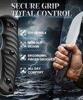 Close-up of a hand holding a Fixed Blade Knife With Sheath For Outdoor Use Fire Forged High Carbon Steel Razor Sharp Edge.