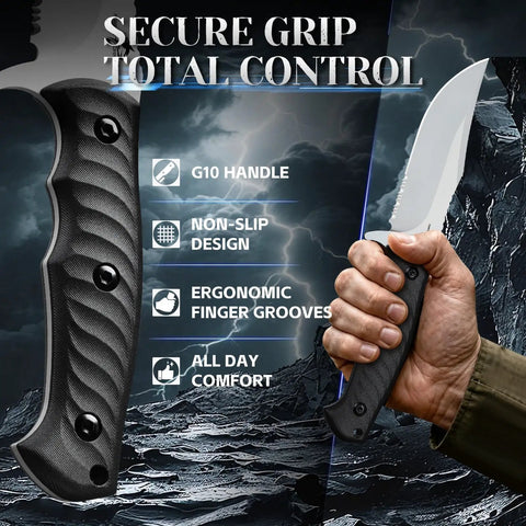 Close-up of a hand holding a Fixed Blade Knife With Sheath For Outdoor Use Fire Forged High Carbon Steel Razor Sharp Edge.