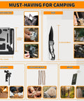 Emergency Survival Kit 252 Pieces With Molle System for camping with multifunctional card, knife, fire starter, and whistle.