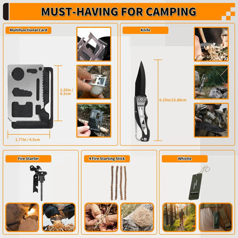 Emergency Survival Kit 252 Pieces With Molle System for camping with multifunctional card, knife, fire starter, and whistle.