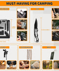 252 Piece Survival Gear Kit essentials with multifunctional card, knife, fire starter, fire sticks, and whistle shown for camping.