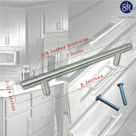 Kickass Heavy Duty Sleek Stainless Steel Kitchen Cabinet Handles And Drawer Pulls 7 Inch Long with screws and dimensions displayed.