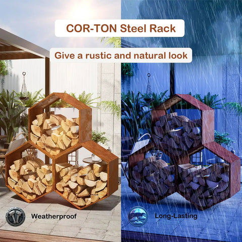 Hexagon Firewood Log Rack Built Tough With Honeycomb Design, cor-ten steel, pre-rust finish, outdoor wood storage in rain and sun