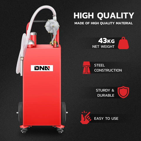 Big 35 Gallon Gas Caddy With Wheels, Heavy Duty Fuel Tank For Cars, Lawn Mowers, ATVs And Boats, Two Way Rotary Hand Pump