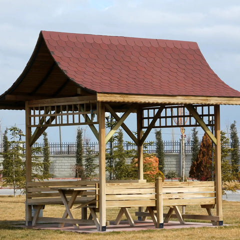 Heavy Duty Concrete Fence Post Base 4x4 Inches Four Pack under wooden pergola with red roof, steel post anchor holder visible.