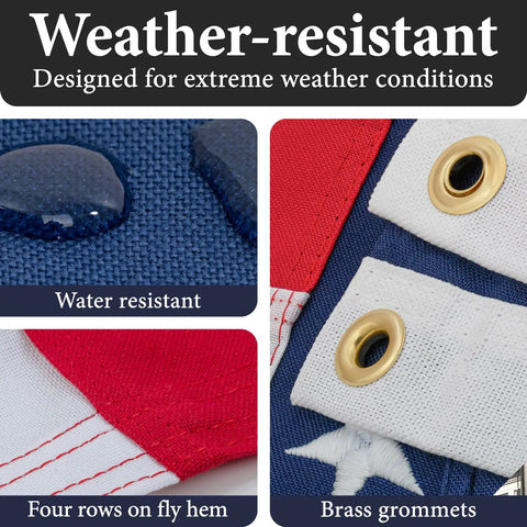 Weather-resistant features of Rugged Outdoor American Flag 3x5 Foot Made In USA from 100 Percent Polyester, showing raindrops and grommets.
