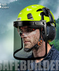 Cap Mounted Ear Muffs For Hard Hats With 29dB SNR Adjustable Helmet Attachments Black Safety Earmuffs Lets You Rock Out To Tunes Hands Free With Smartphone While You Work Great Hearing Protection shown worn on a bright yellow helmet with a face shield.