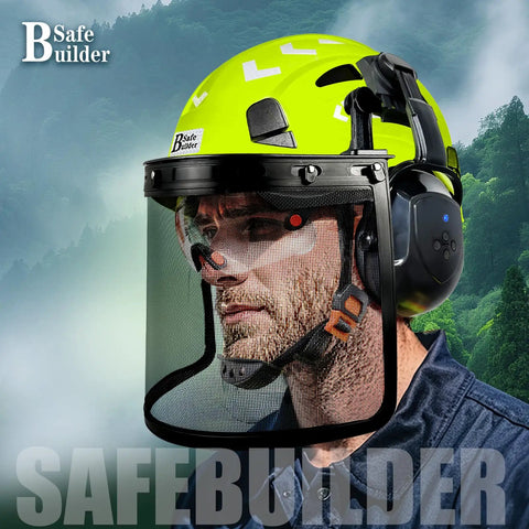 Cap Mounted Ear Muffs For Hard Hats With 29dB SNR Adjustable Helmet Attachments Black Safety Earmuffs Lets You Rock Out To Tunes Hands Free With Smartphone While You Work Great Hearing Protection shown worn on a bright yellow helmet with a face shield.