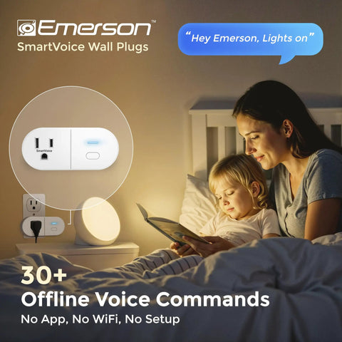 Mother and child using Offline Voice Control Wall Plug With 30 Plus Commands No WiFi No App No Setup Smart Outlet Extender