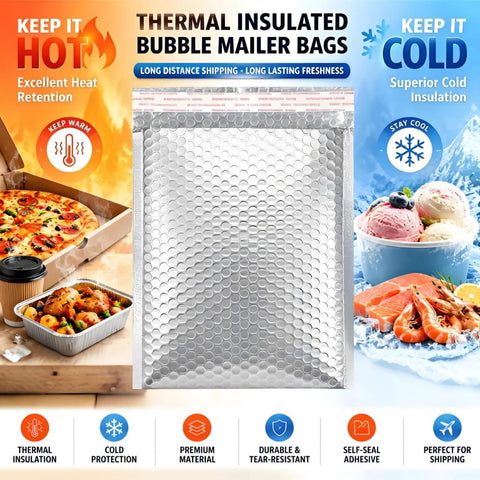 Bulk 30 Pack Thermal Bubble Mailers 9.5 X 11 Inch Insulated Self Sealing Waterproof Metallic Foil Padded Envelopes with hot and cold shipping display