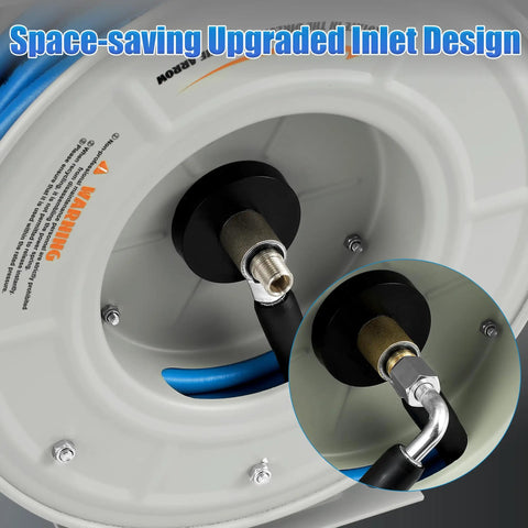 Pressure Washer Hose Reel With Retractable Hose, Sixty Foot Long One Quarter Inch Core, inlet design detail