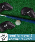 Premium Magnetic Leather Golf Club Head Covers for Irons and Wedges, Set of 10, showing double-sided embroidered numbers on grass