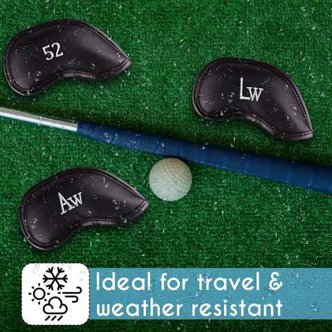 Premium Magnetic Leather Golf Club Head Covers for Irons and Wedges, Set of 10, showing double-sided embroidered numbers on grass