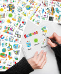 Hands decorating with 312 Pcs Science Stickers Set For Chemistry Biology Physics Lab Decor, Bulk Classroom Rewards And Party Decorations