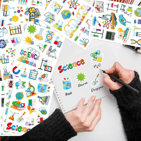 Hands decorating with 312 Pcs Science Stickers Set For Chemistry Biology Physics Lab Decor, Bulk Classroom Rewards And Party Decorations