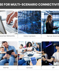 People using technology in different settings: computer, data center, server room, home, school, VR; promoting Cat6 Ethernet Cable multi-scenario use.