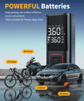 On The Go Cordless Tire Inflator Portable Air Compressor 150 PSI beside bike, motorcycle, car highlighting usage frequency