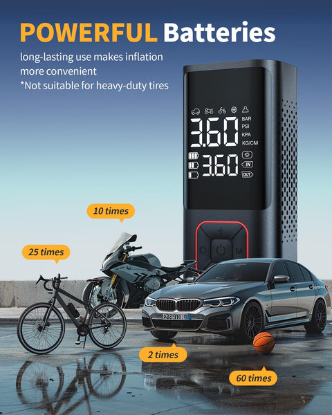 On The Go Cordless Tire Inflator Portable Air Compressor 150 PSI beside bike, motorcycle, car highlighting usage frequency