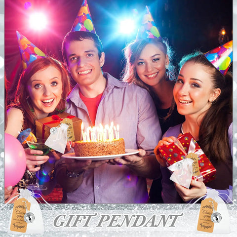 Group celebrating with cake and presents, showcasing Mini Disco Ball Keychains Set With Organza Bags And Thank You Tags 36 Piece Bundle.