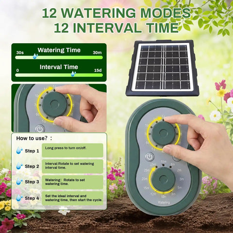 12 watering modes display for 50Ft Solar Automatic Drip Irrigation Kit With USB Charging. Includes solar panel and controls.