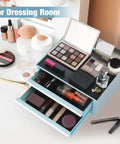 Open makeup organizer with eyeshadow palette, cosmetics, and two drawers filled with makeup items, labeled 'For Dressing Room'.