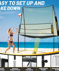 Adjustable Volleyball Net System For Backyard Practice With Freely Height-Adjustable From 6.5 To 8 Feet, Quick Release Height Lock, Easy Indoor Outdoor Setup For Serving, Setting, And Spiking Training in beach setup with woman playing