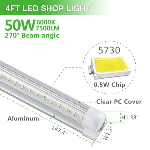 Diagram of 4Pack 4Ft LED Shop Light With 50W 7500LM 6000K White Light Plug And Play Hanging Or Surface Mount Linkable T8 Bay Lights