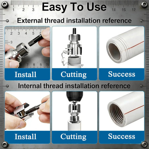 Integrated Three Piece Pipe Threading Tool Set For PVC Pipes One Half Inch Three Quarter Inch And One Inch Drill Powered
