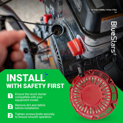 Installation guide for Pull Start Recoil Starter For Predator 212cc And 173cc OHV Engines, with red housing in focus.