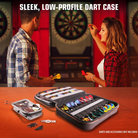 XL Dart Case With Locking Foam For On The Go Transport, semi hard shell holding darts, flights, shafts on table