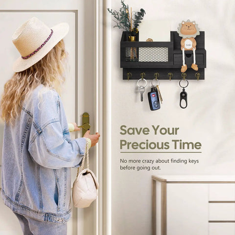 Key And Mail Organizer Wall Mount With Six Hooks And A Small Storage Drawer For Entryway And Home Decor Keeps Your Keys Mails Wallet And More Neat And Ready To Grab And Go Easy No Drill Install in use, holding keys and mail