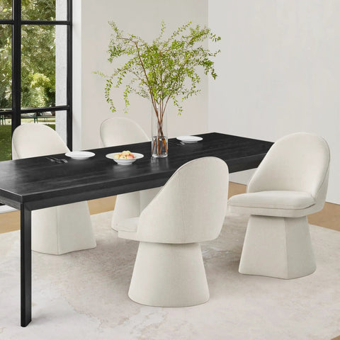 Swivel Dining Chair Set Modern Upholstered Linen Seat With Comfy Cushioned Comfort And 360 Degree Spin around a black dining table.