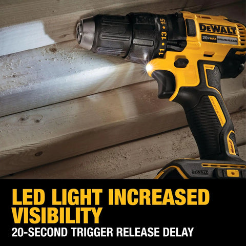 Beast Mode Power With This Brushless 20V Max Cordless Drill Driver Set Featuring A Half Inch Chuck, showing LED light use