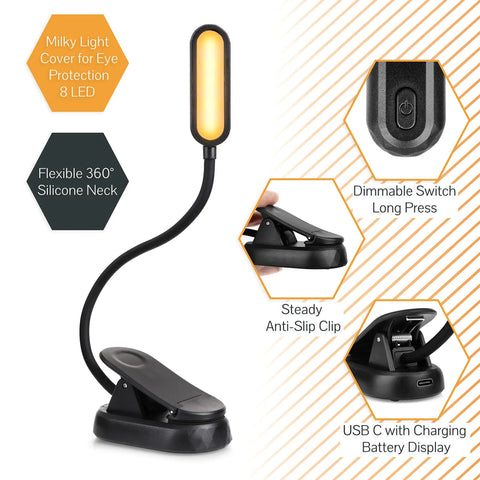 Amber Reading Light Clip On For Bedtime Reading With Dimmable Red Amber Mixed Modes 360 Degree Flexible Neck Portable Travel Night Light For Reading In Bed