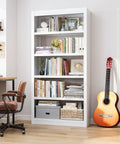 Beefy 5-Tier Metal Bookshelf With Adjustable Shelves, 69 Inch Tall, White Powder-Coated Steel, in home office setting