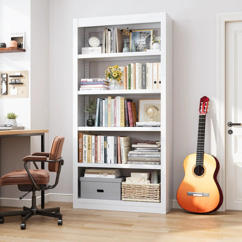 Beefy 5-Tier Metal Bookshelf With Adjustable Shelves, 69 Inch Tall, White Powder-Coated Steel, in home office setting
