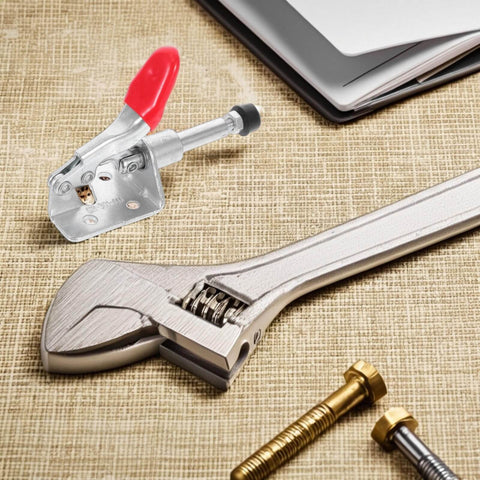 Four Pack Horizontal Toggle Clamps With Nonslip Tips, Quick Release For Welding And Woodworking, Fixed Workholding Clamps displayed on surface.