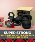 Reinforced Strapping Tape 1.88 In Wide And 360 In Long Clear Heavy Duty Packing Tape With Dispenser shown with kettlebells and box.