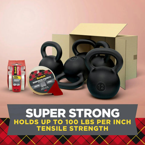Reinforced Strapping Tape 1.88 In Wide And 360 In Long Clear Heavy Duty Packing Tape With Dispenser shown with kettlebells and box.