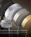 Four finishes of Purist Single Function Showerhead With Katalyst Air Induction Technology, lifetime warranty badge