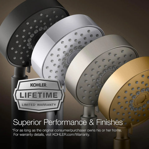 Four finishes of Purist Single Function Showerhead With Katalyst Air Induction Technology, lifetime warranty badge