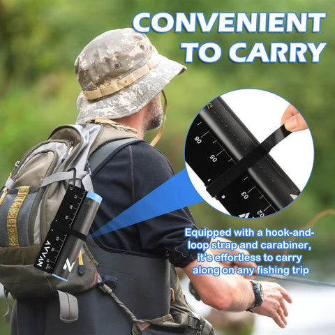 Man carrying 53 Inch Waterproof Fish Ruler Tape with Bump Board using hook-and-loop strap on backpack