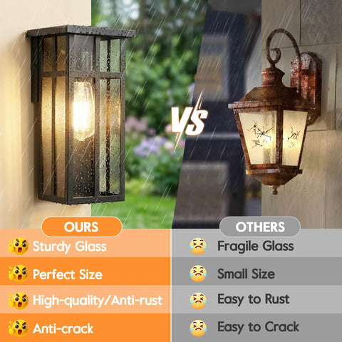 Kick It Up A Notch On The Patio With Modern Cross Frame Outdoor Wall Light Fixtures Boasting Matte Black Frames And Clear Glass Porch Lanterns For Straight Up Stellar Exterior Vibes, showing sturdy glass and design comparison.